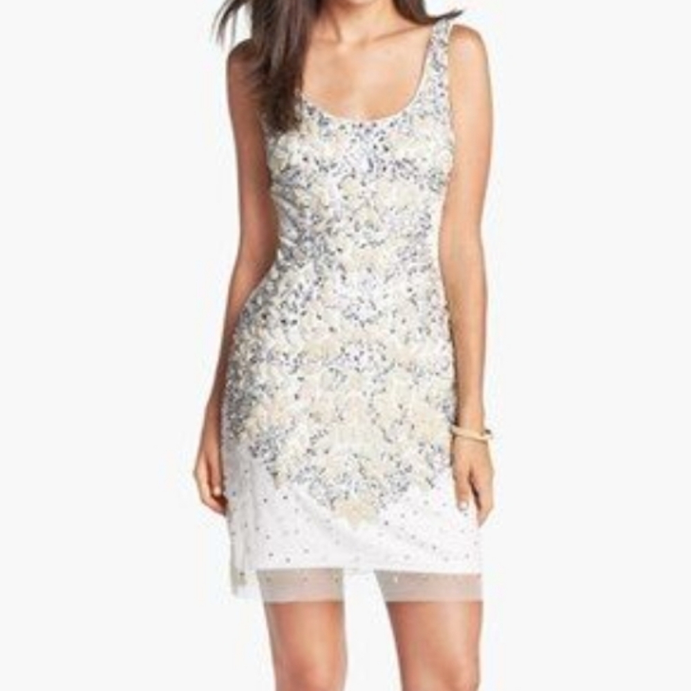 Adrianna Papell Beaded Sequin Sheath Dress Sleeveless White